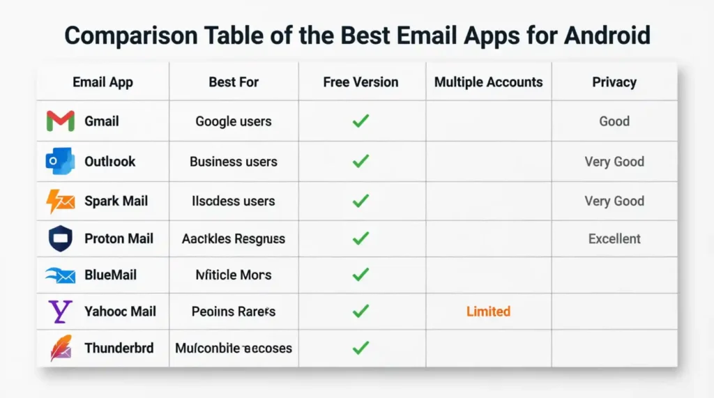 Comparison Table of the Best Email Apps for Android